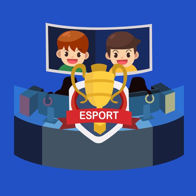 e sport event, pro gamer player tournament with champion cup. vector illustration