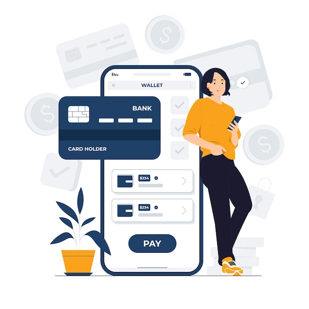 E wallet digital payment online transaction with woman standing and holding mobile phone concept illustration