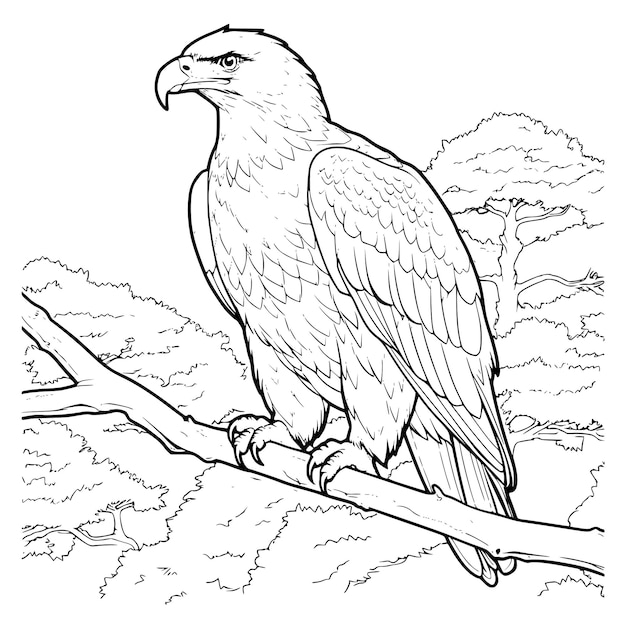 Vector eagle on a branch coloring page drawing for kids