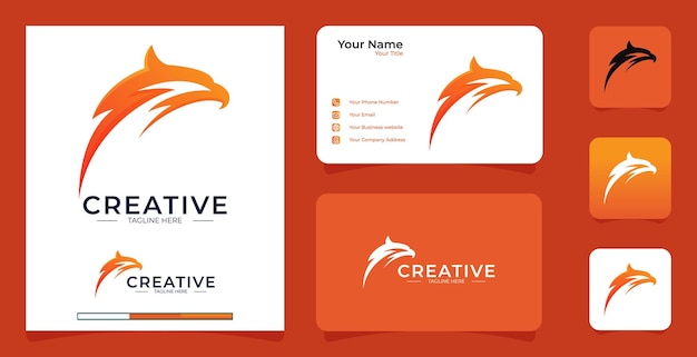 Eagle face incorporated with lightning logo with business card template premium vector