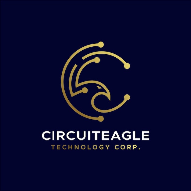 Eagle Logo With Golden Circuit Template Design