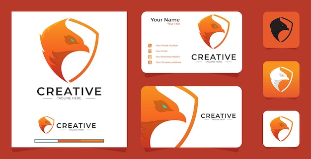 Eagle and shield logo with business card template premium vector