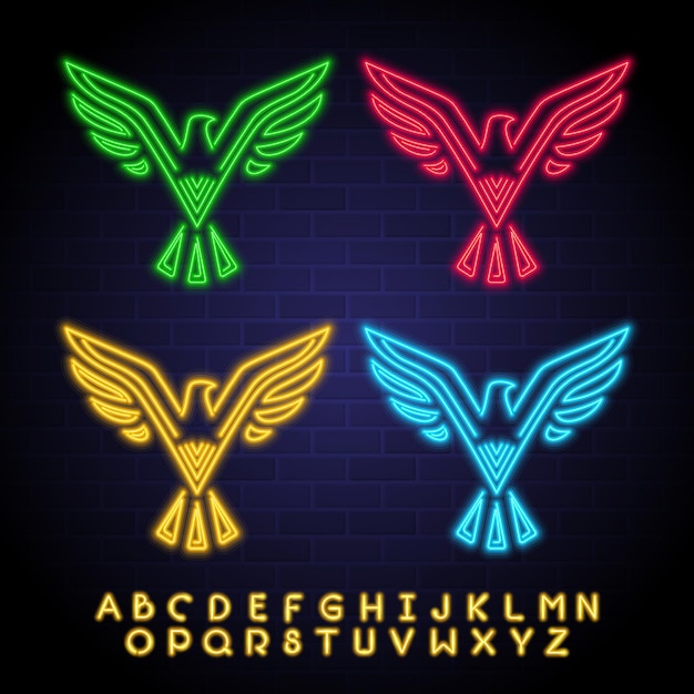 Vector eagle symbol with neon light glowing illustration