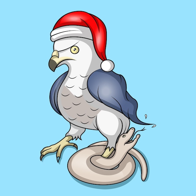 An eagle wearing a santa hat is in trouble being wrapped around a snake