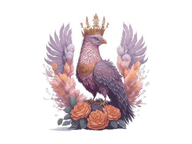 Eagle With Royal Crown vector illustration decorated by flowers