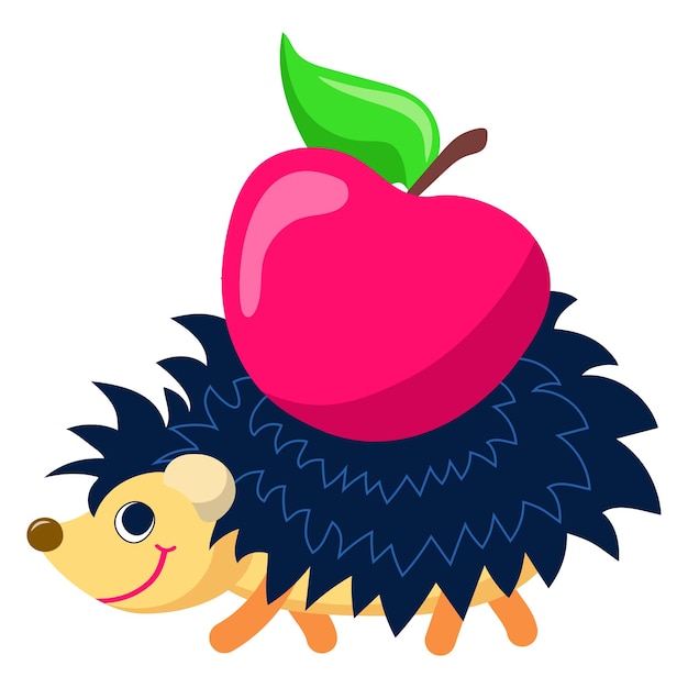 Eappy hedgehog carries red apple on his back