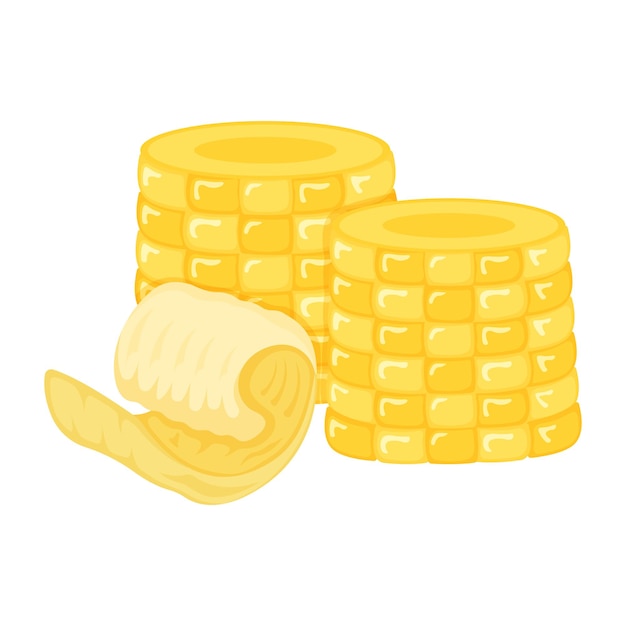 Ear of sweet corn with milk product natural ingredient butter, margarine icon, breakfast organic dairy cartoon vector illustration, isolated on white. Concept high calorie creamery fat food.