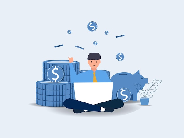 Earn money online Man working online with a computer and coins Freelancer making money from home earn in internet success remote work Earning spending and save money conceptvector illustration