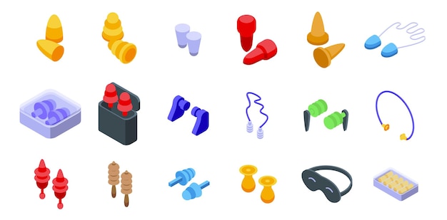 Earplugs icons set isometric vector. Ear device. Plug accessory