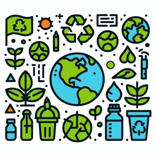 Earth Day Celebration Green Leaf Recycling Symbol and Ecology Flag Vector Icons