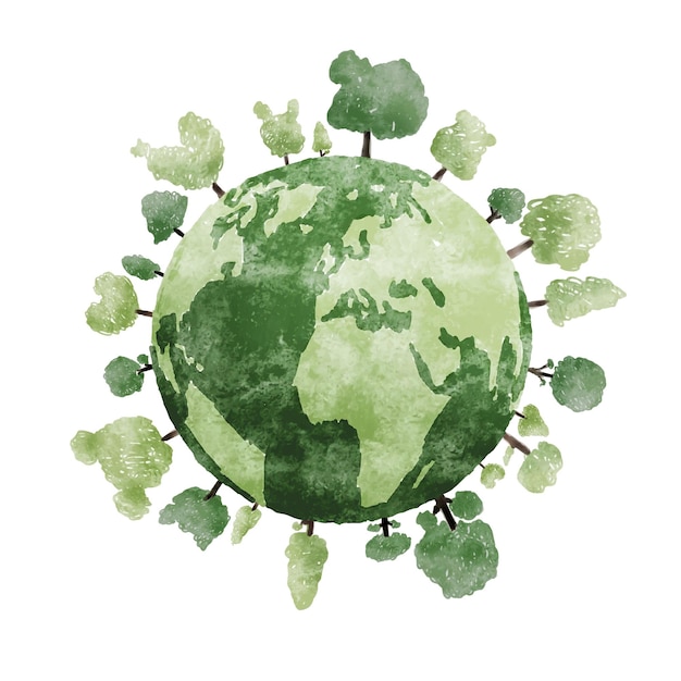 Earth day design of watercolor tree and world on white background vector illustration