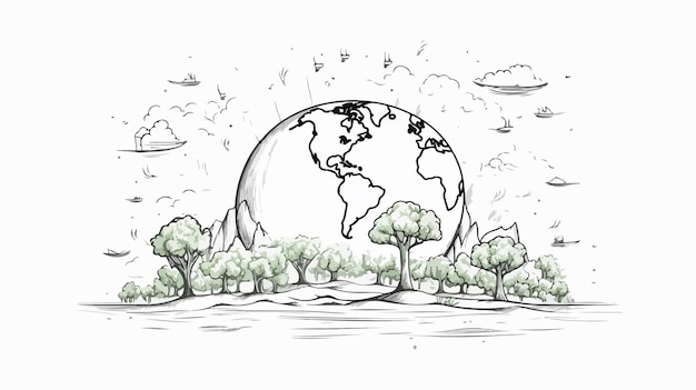 Vector earth day hand drawn line art style vector cartoon