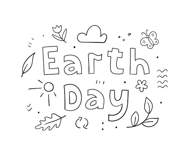 Earth Day hand lettering Hand drawn letters with sketch doodle drawings Vector outline illustration