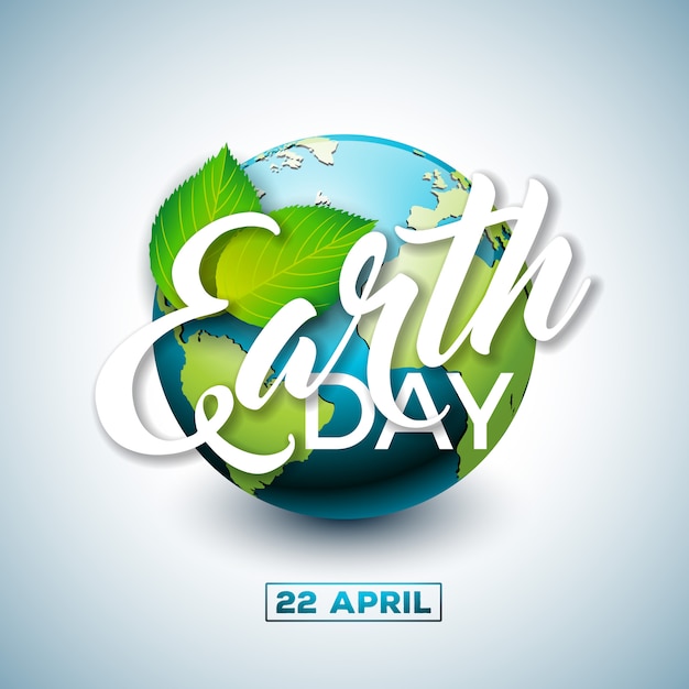 Earth Day illustration with Planet and Green Leaf.