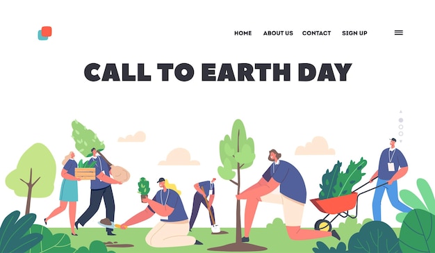 Earth Day Landing Page Template Volunteer Characters Planting Trees People Working in Garden World Environment