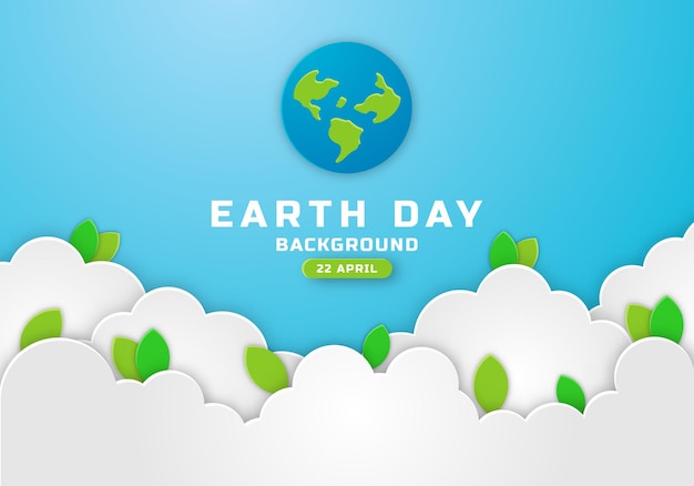 Earth Day Poster Banner with Paper Cut Clouds in Blue Sky Background with Green Leaves and Globe