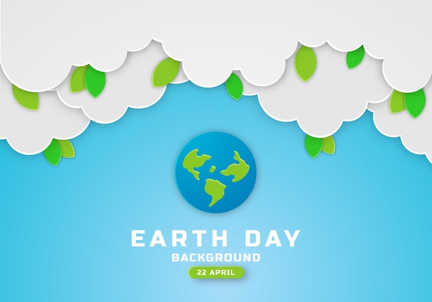 Earth Day Poster Banner with Paper Cut Clouds in Blue Sky Background with Green Leaves and Globe