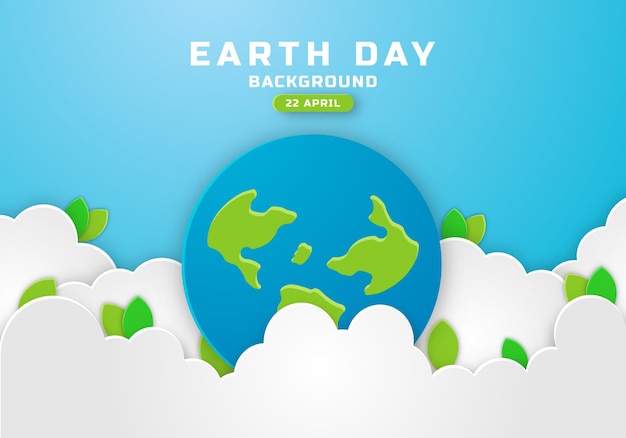 Earth Day Poster Banner with Paper Cut Clouds in Blue Sky Background with Green Leaves and Globe