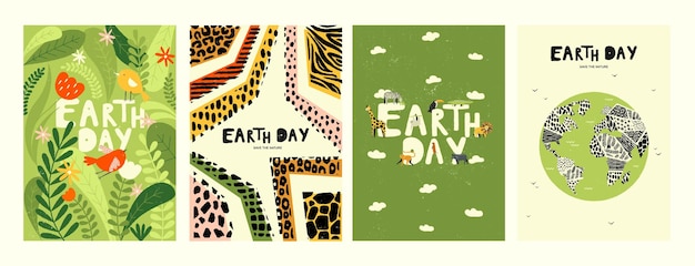 Earth day poster Minimalistic flyer with earth globe and leaf save earth concept Vector 22 april banner for global environmental protection