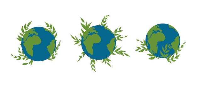 Earth Day vector illustration set Earth Planet with leafy green branches Environmental problem Earth Day concept set