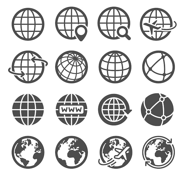 Earth globe icons. Worldwide map spherical planet, geography continent contour, world orbit global communication tourism logo vector symbols. Internet search, flying plane pictograms