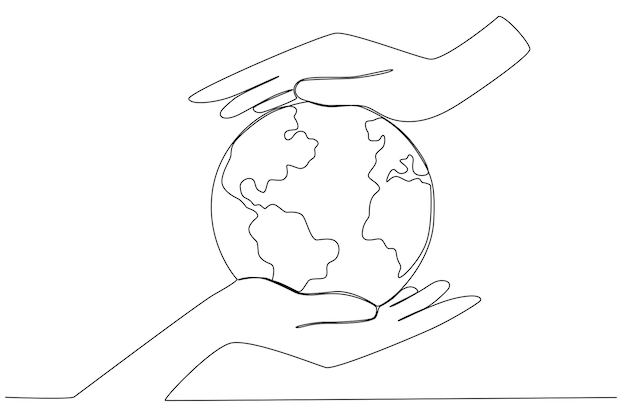 An earth globe in the middle of hand palms for earth day one line art