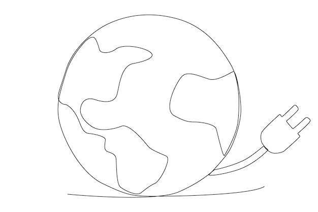 The earth globe with an electric plug on the right for earth hour one line art