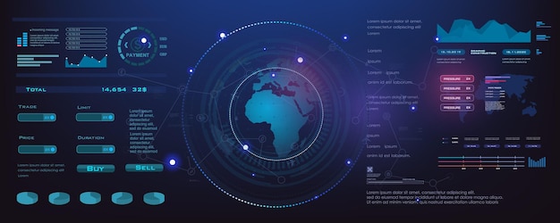 Earth globe with interface HUD panel with data and information world internet technologies and communications Earth diagram interface in HUD GUI UI style Internet game panel for video games