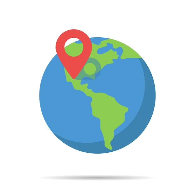 Earth globe with pin location in flat style Search icon World map icon