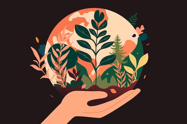 Vector earth hour hands holding the globe with plants and trees in the background vector illustration