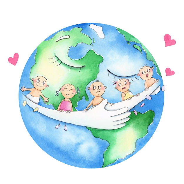 The earth hugs children with different emotions shows its love watercolor illustration