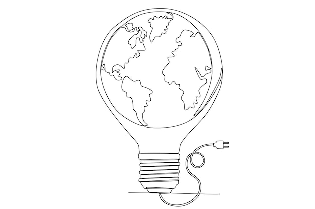 The earth inside the lamp with electric plug one line art