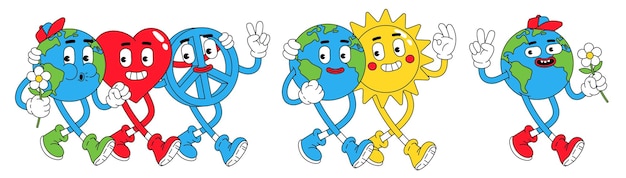 Earth Peace Love in trendy retro cartoon style Funny globe heart sun planet characters