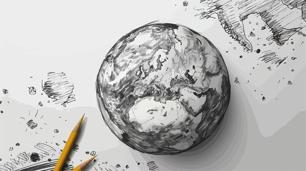 Vector earth planet on grey background with pencil sketches