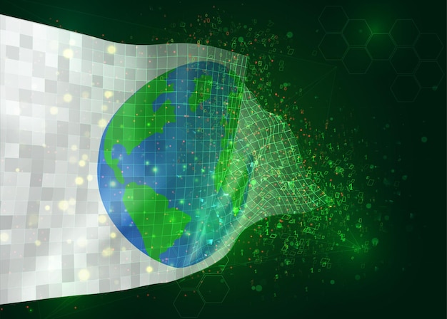 Earth protection on vector 3d flag on green background with polygons and data numbers