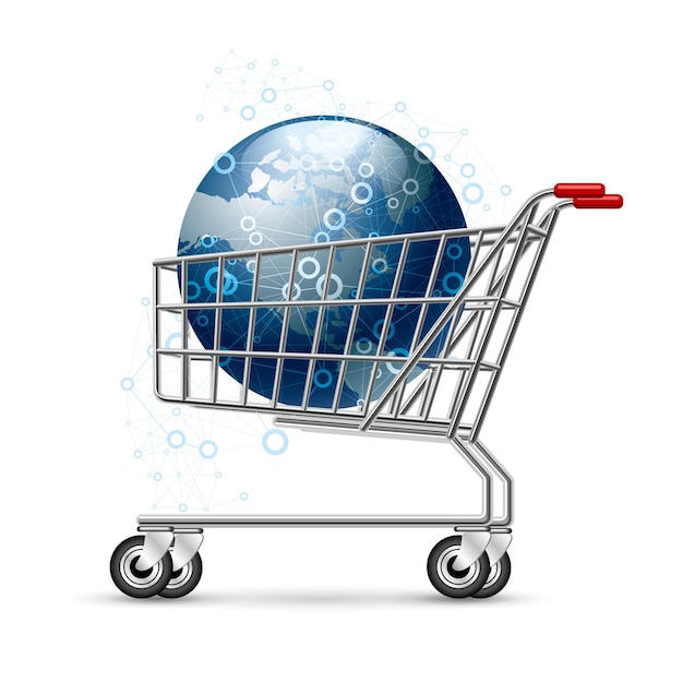 Earth in the shopping cart, isolated on white background.