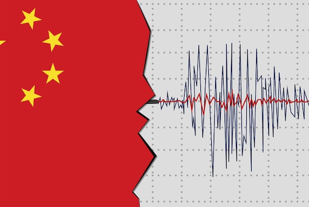 Earthquake in China natural disasters news banner idea seismic wave with flag