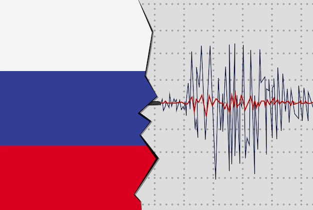 Earthquake in Russia natural disasters news banner idea seismic wave with flag