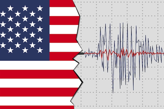 Earthquake in USA natural disasters news banner idea seismic wave with flag