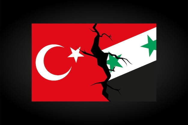 Earthquakes in Turkey and Syria The flag of Turkey and Syria with a crack Vector illustration