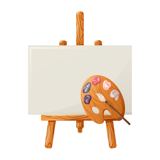 Easel for drawing, palette of paints and brush. Vector illustration. Creativity education at school