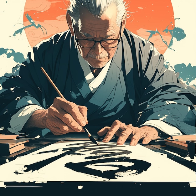 Vector east asian elderly man practicing calligraphy