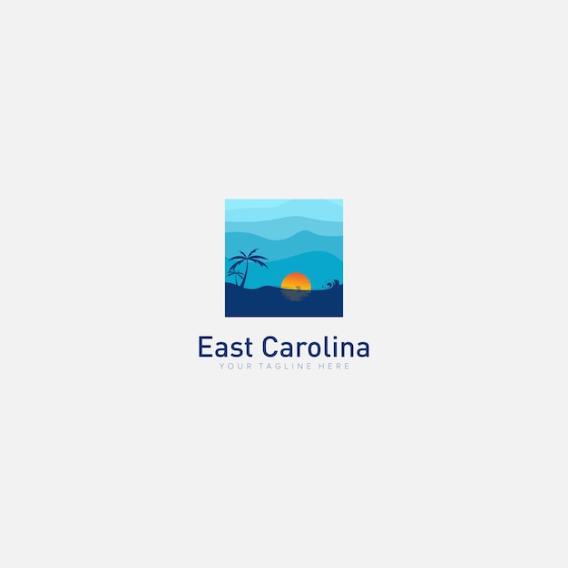 East carolina resort logo designs with palm, sea and sunrise