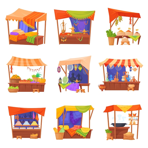 Vector east market tents souk stalls arabic shop bazaar merchant village traditional eastern street market thailand or mexican trade tent fabrics jewelry food neat vector illustration