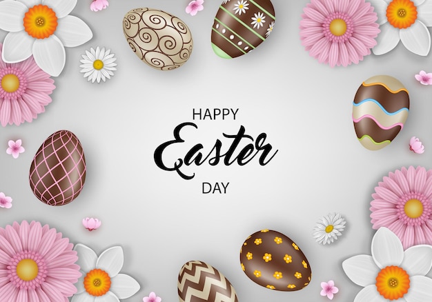 Easter background with chocolate eggs and flowers