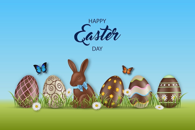 Easter background with chocolate eggs and rabbit