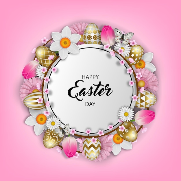 Easter background with flowers and gold eggs