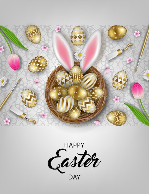 easter background with gold eggs in the nest with rabbit ears and flowers