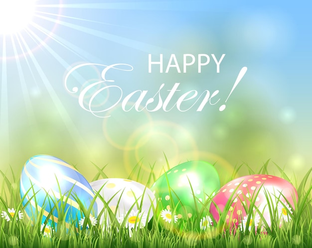 Easter background with multicolored eggs in the grass and bright Sun, illustration.