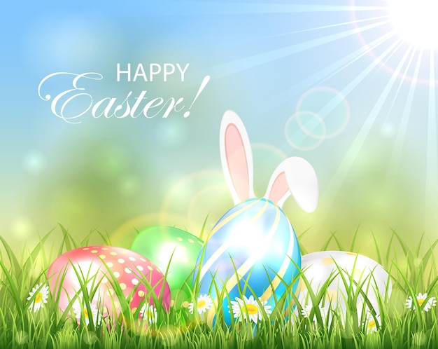 Easter background with multicolored eggs and rabbit ears in the grass, illustration.